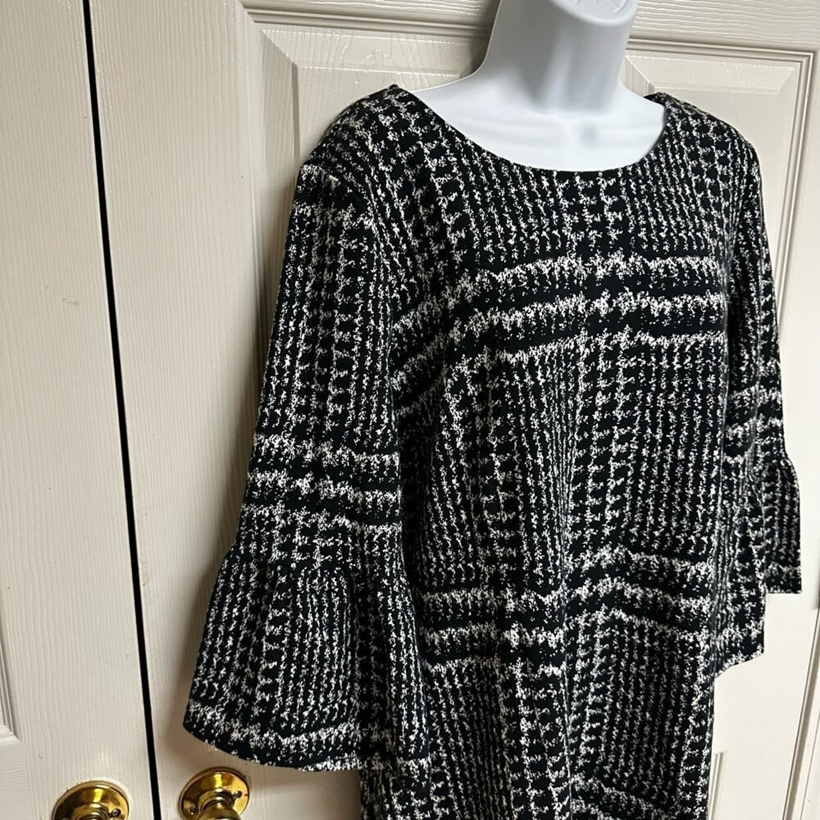 Talbots Glen Plaid Sheath Dress Shirred Bell Sleeve 3/4 Women’s Petite Large