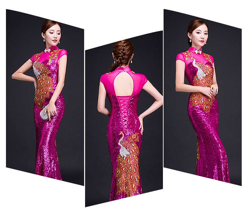 Womens Sequin Peacock Embroidery Gown Cheongsam Formal Stage Evening Qipao Dress