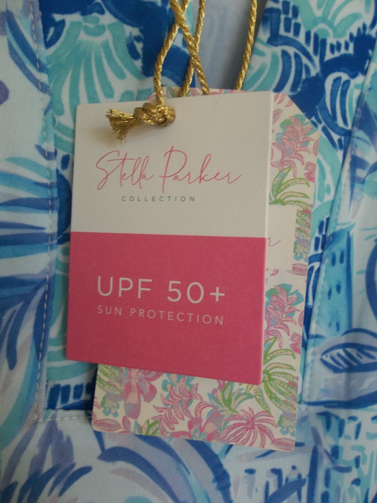 NWT Stella Parker Dress L Palms Blue Tropical Floral Sleeveless Pullover Pockets