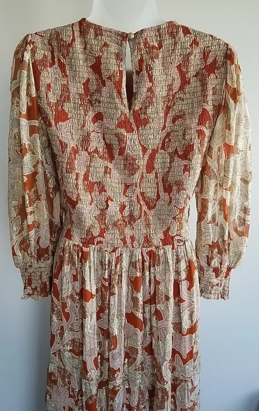 Boden Smocked Jacquard Maxi Dress Rust Copper Paisley Gold Metallic US 8 EUC