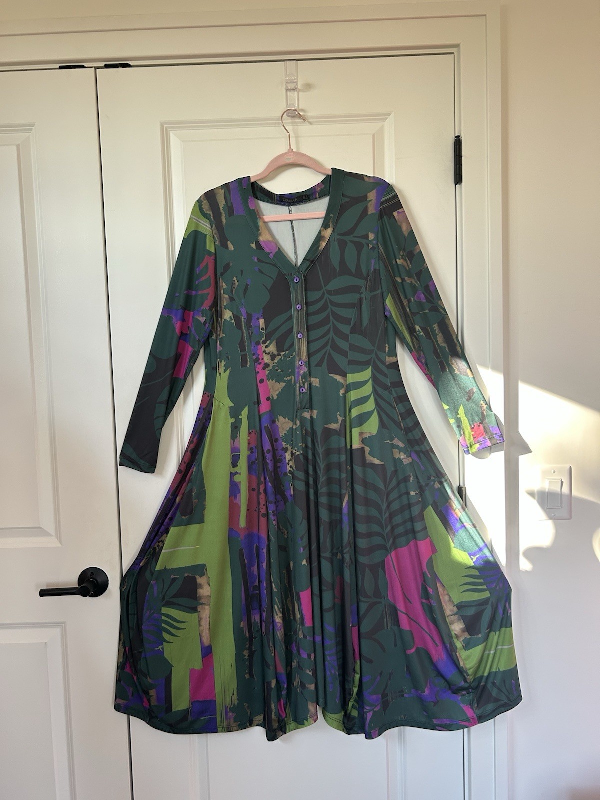 LUUKAA size 0 US 6 S M Henley Fit & Flare Midi Henley Dress Balloon hem