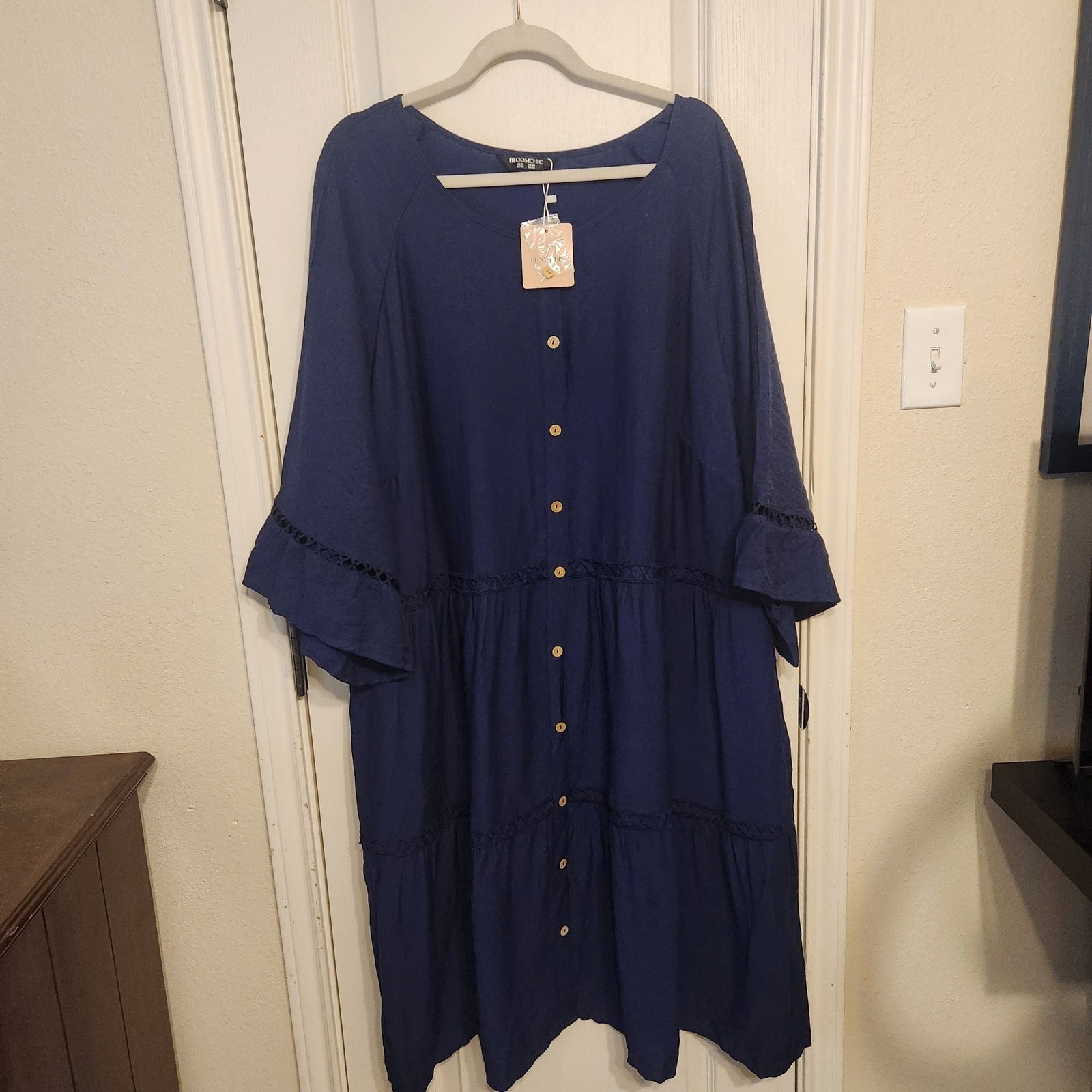 Bloomchic Navy Blue Tiered Button-Front Midi Dress with Eyelet Detail