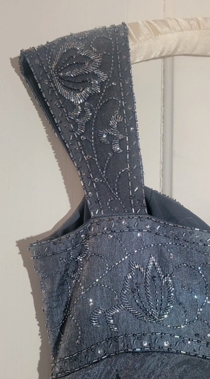 EUC Shimmering Blue Tiered Ruffle Sequins Beaded Formal Gown Dress Maxi 14 LG