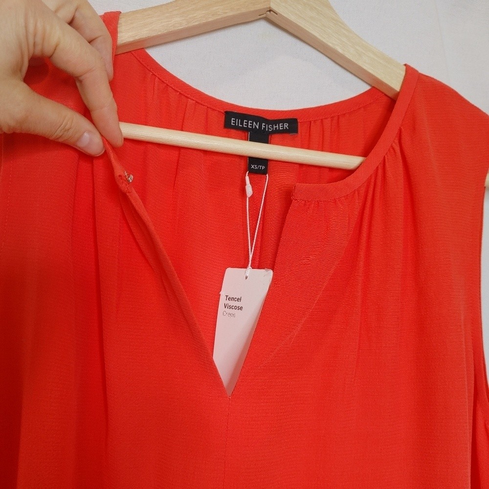 Eileen Fisher Shift Dress Sleeveless Round Split Neck Crepe Tencel Red Orange XS