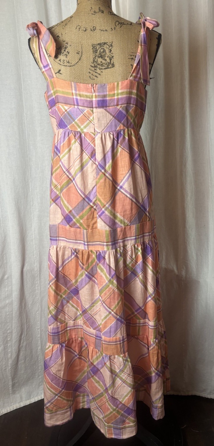 Anthropologie Kachel Tie Strap Linen Maxi Dress Pink Peach Purple Plaid Sz M
