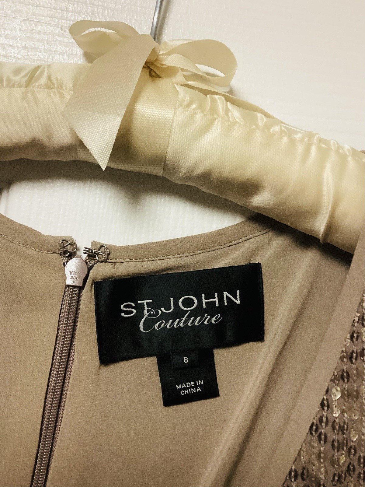 St John Couture Taupe Sequin Silk Belted Shift Dress Evening Sz 8 💛 LOW PRICE