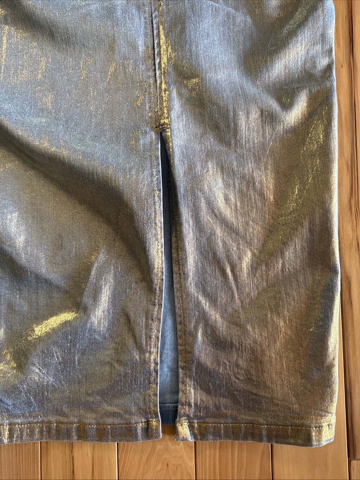 AKIRA Label Im Gold Denim Coated Midi Dress Back Zip Women’s Size L Multi