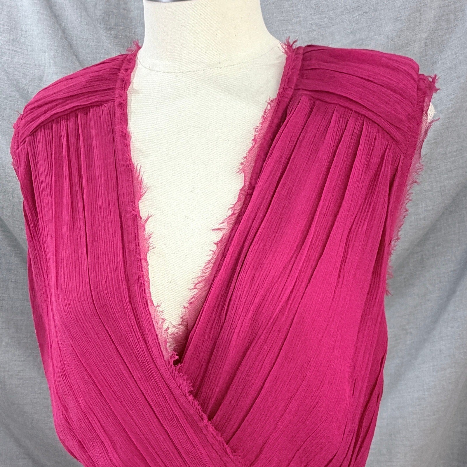 Madison Marcus Pink Silk Layered Pleated Frayed Edge Dress V-Neck Sleeveless
