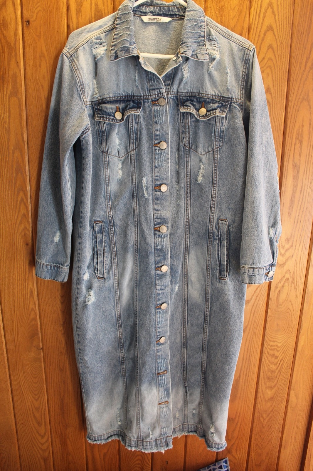 WOMENS M VTG HIGHWAY DISTRESSED DENIM BUTTON UP SHIRT DRESS MIDI LENGTH