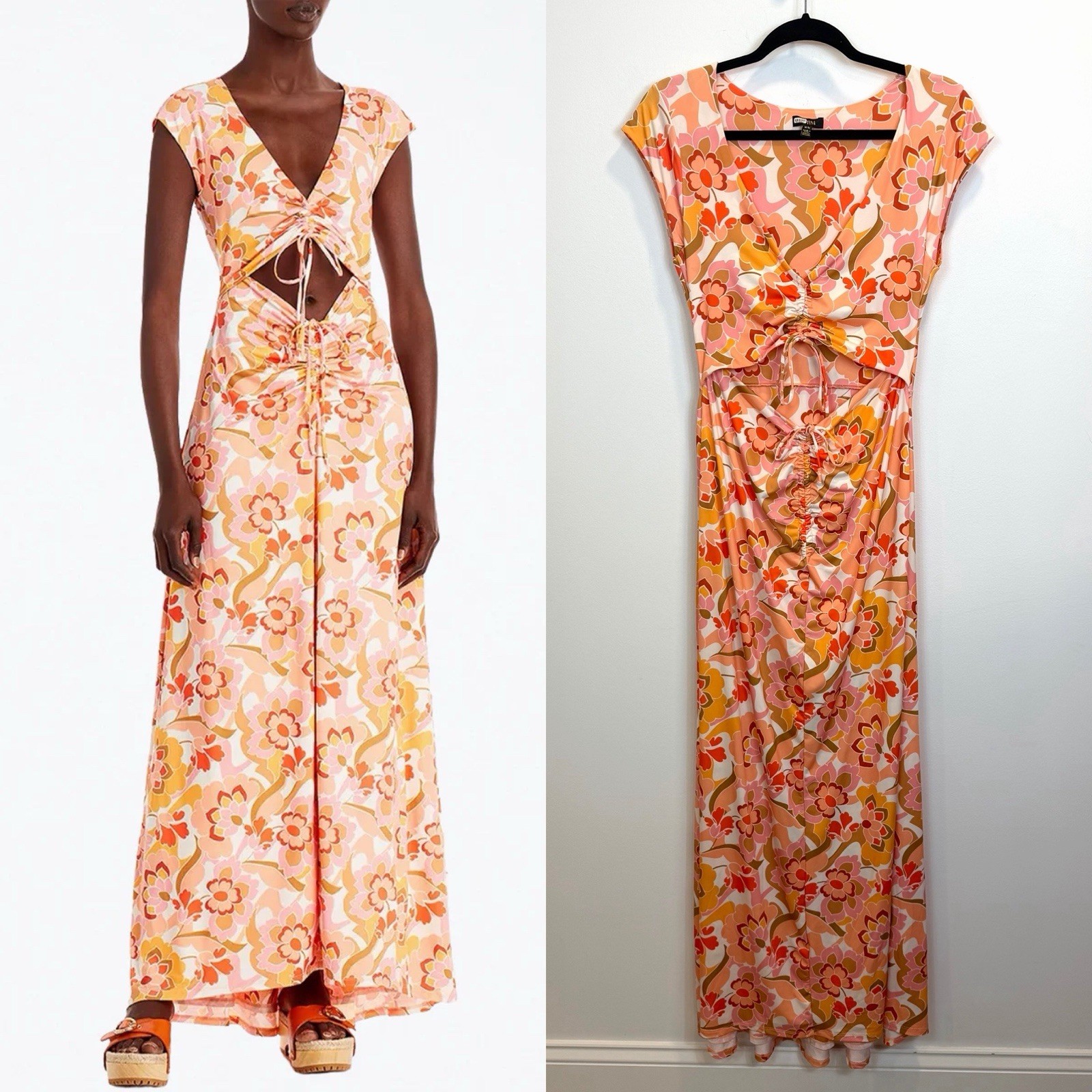 AFRM Lizette Cutout Slinky Knit Maxi Dress Vintage Coral Floral Medium