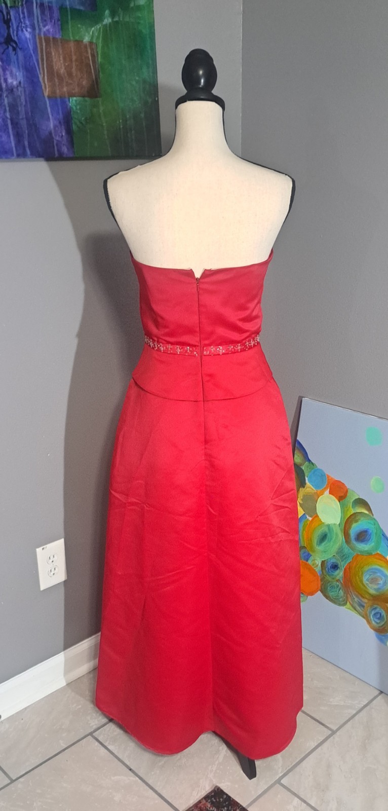 Belsoie Red Cocktail/Evening Dress With Silver Beaded Waist Size 8
