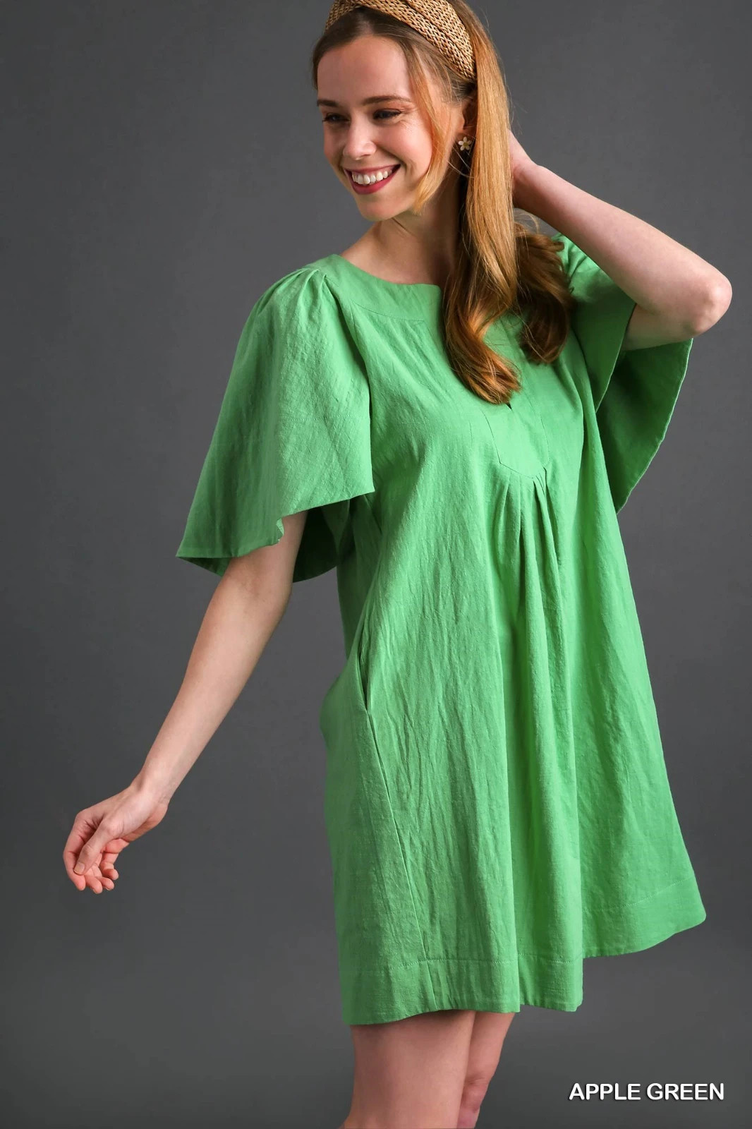 Umgee Apple Green Cotton Short Dress Split V Neck & Short Tulip Sleeves