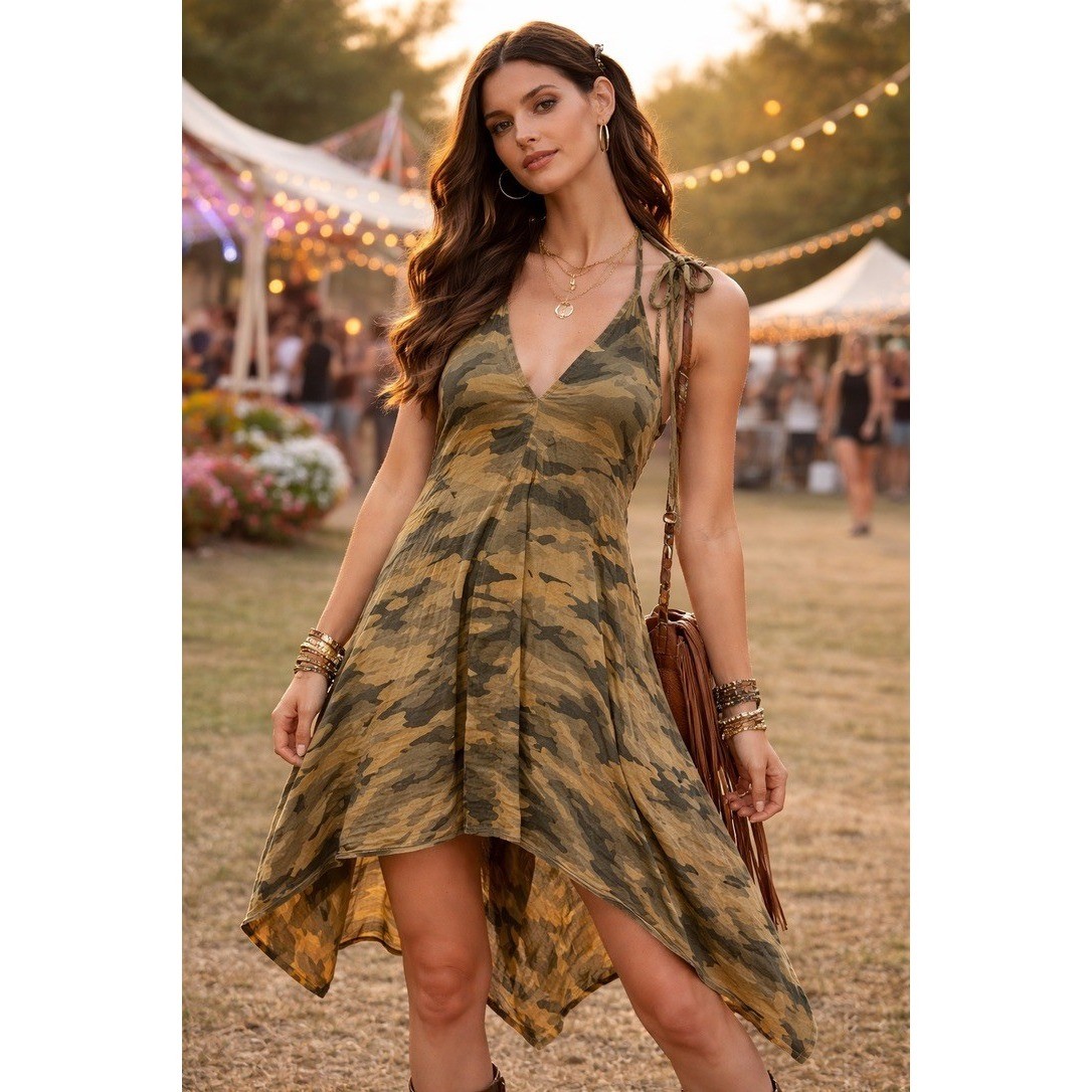 Lovestitch Camo Sharkbite Hem Halter Dress Green Brown Cotton S/M Festival Boho