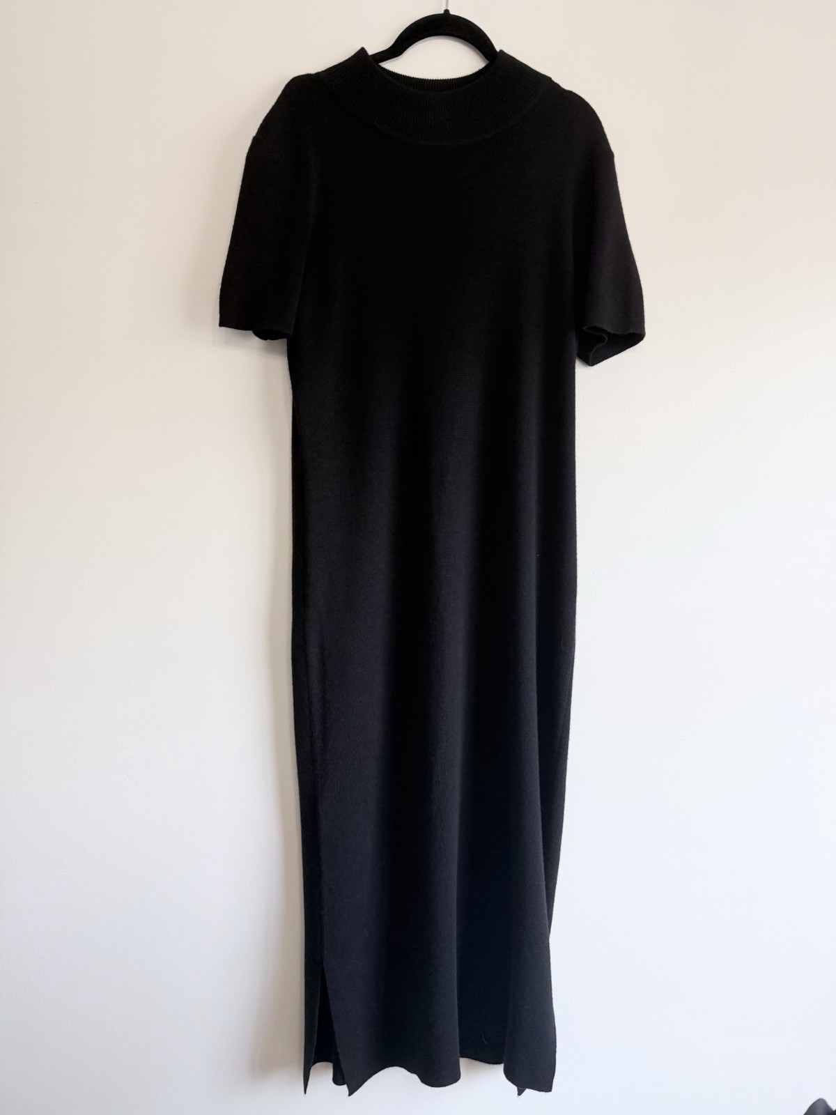 Talbots Black Mock Neck Knit Maxi Sweater Dress Short Sleeve Side Slit M