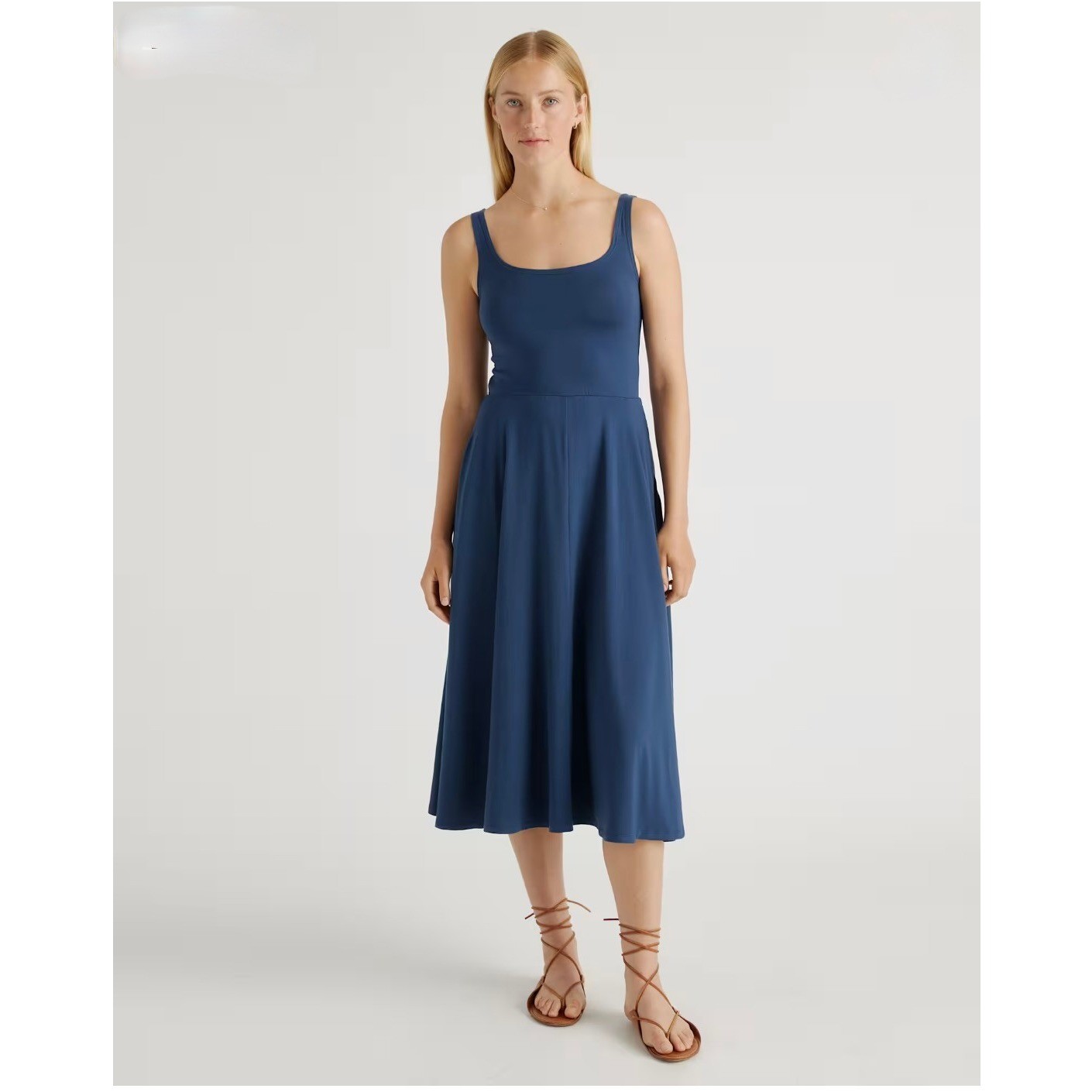Quince Tencel Jersey Fit & Flare Dress Womens Medium Navy Blue Midi Scoop Neck
