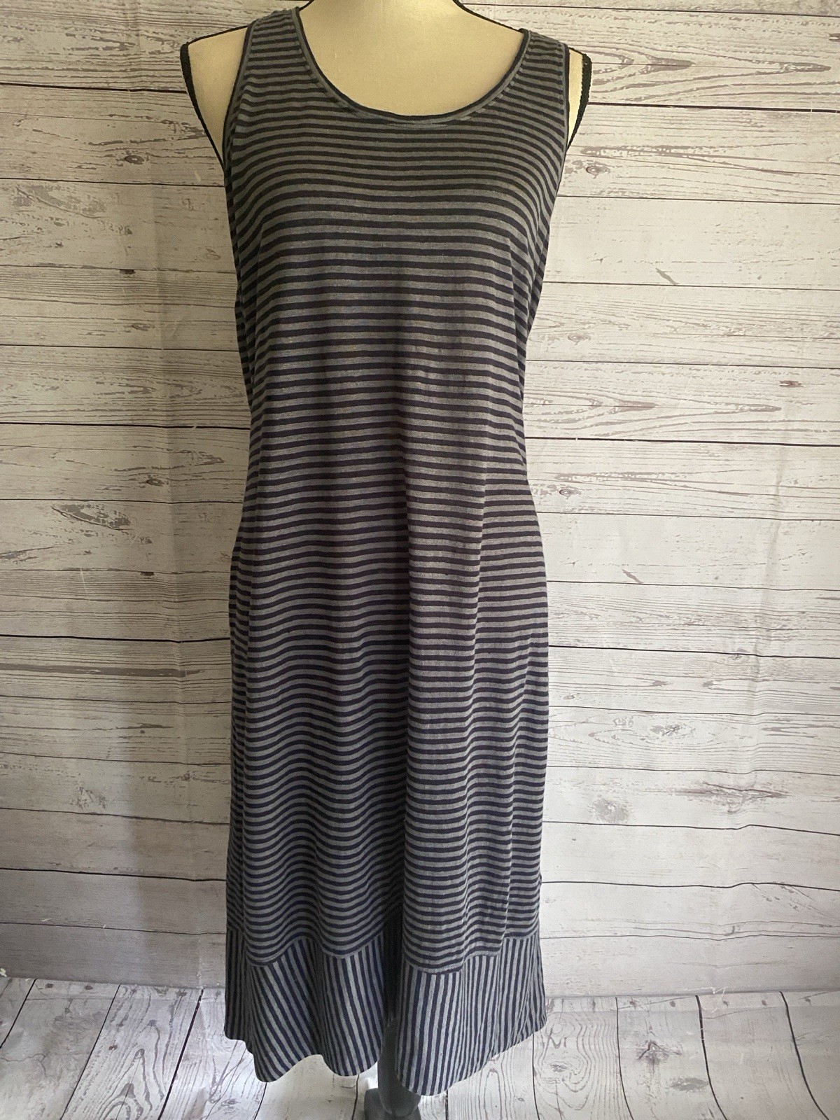 Eileen Fisher 100% Linen Racerback Midi Dress Size S Black/Gray Stripes Neutral
