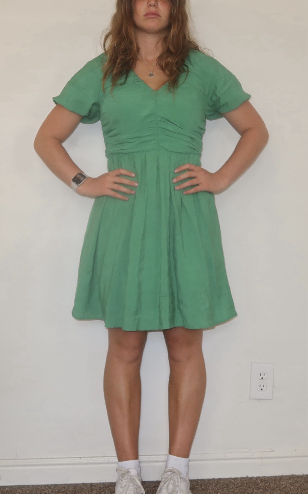 böhme Green Solid Ruched V-Neck Puff Short Sleeve Zip Knee Dress Size S