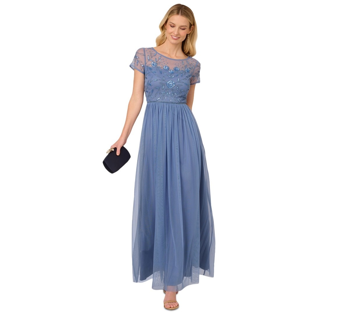Adrianna Papell Formal Gown 14 Mesh Beaded Sequin French Blue A-Line NWT $169