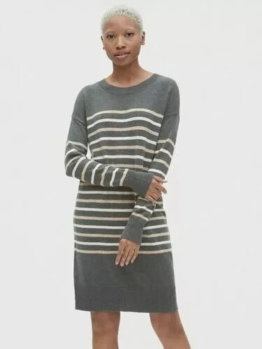 NEW GAP Cozy Crewneck Wool Bld Sweater Dress Grey White Stripe Womens SP NWT