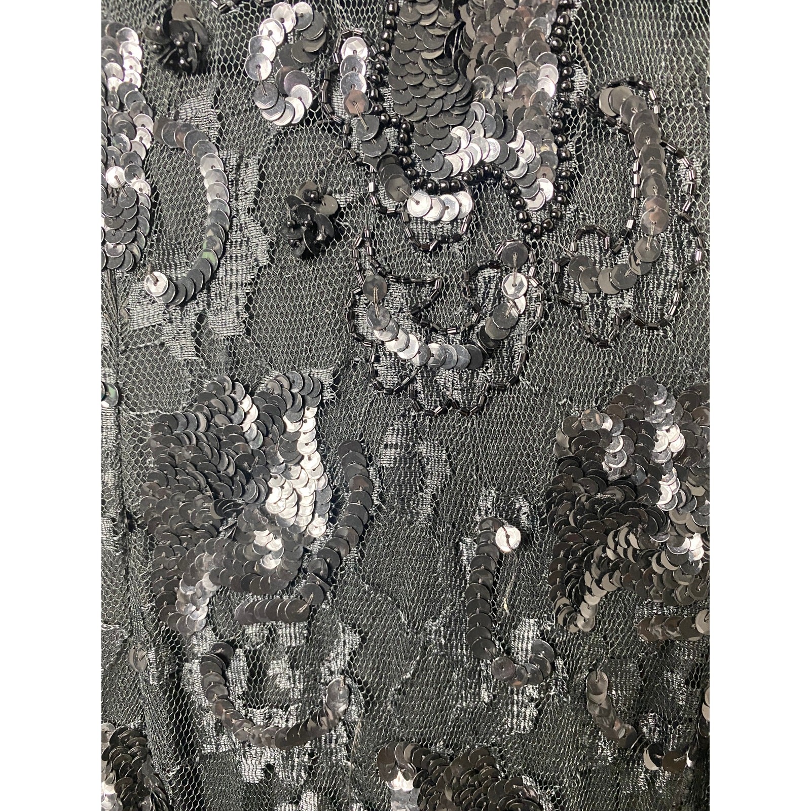 VINTAGE JUDITH ANN DRESS M BLACK SEQUIN BEADED TIERED RUFFLE SHEER MESH LACE