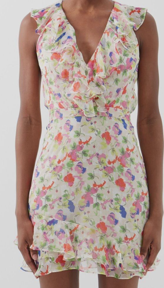 $495 Saloni Women’s White Cece Floral-Print Silk Mini Dress Size UK6 US2