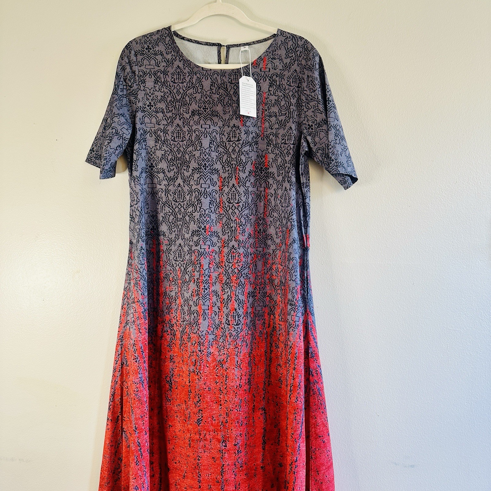 Lsoru Gray and Rustic Red Short Sleeve Midi Dress