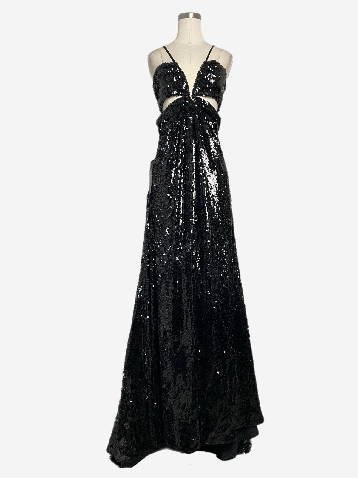 BCBGMaxAzria NWT Giacomo Black sequin cut out open back formal maxi gown slit 0