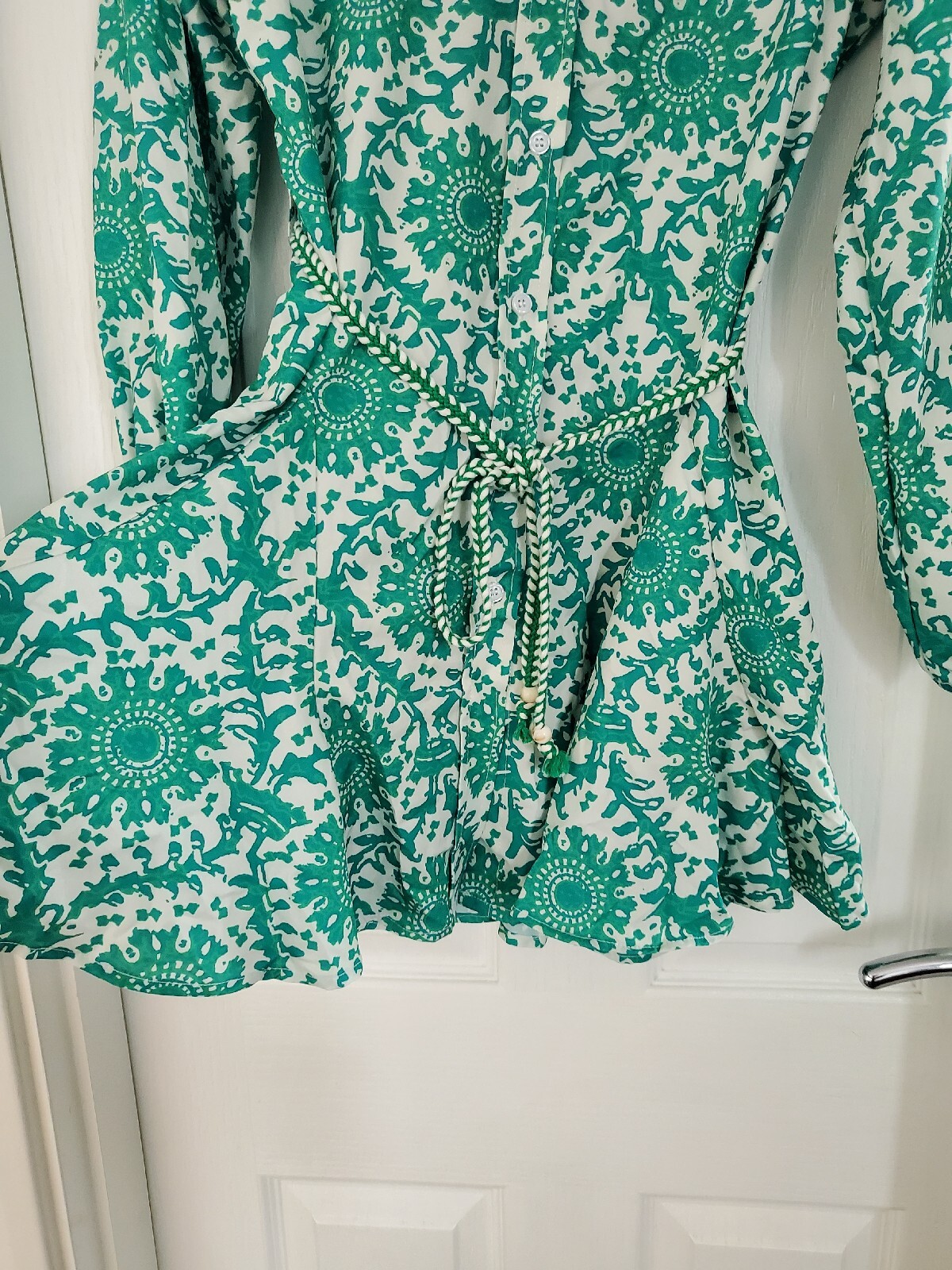 Shein Random Allover Print Lantern Sleeve Belted Shirt Dress Size M
