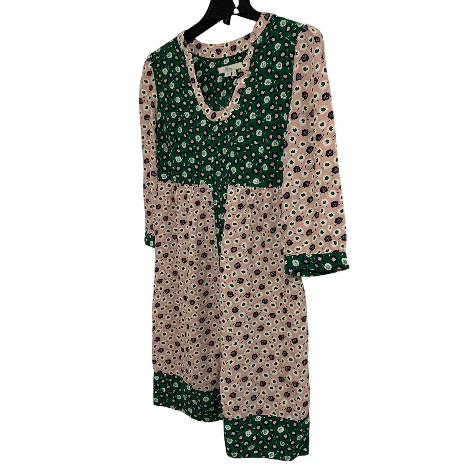 Boden Floral Dress Boho Cottagecore Womens 10 Green Pink Print 3/4 Sleeve V-Neck