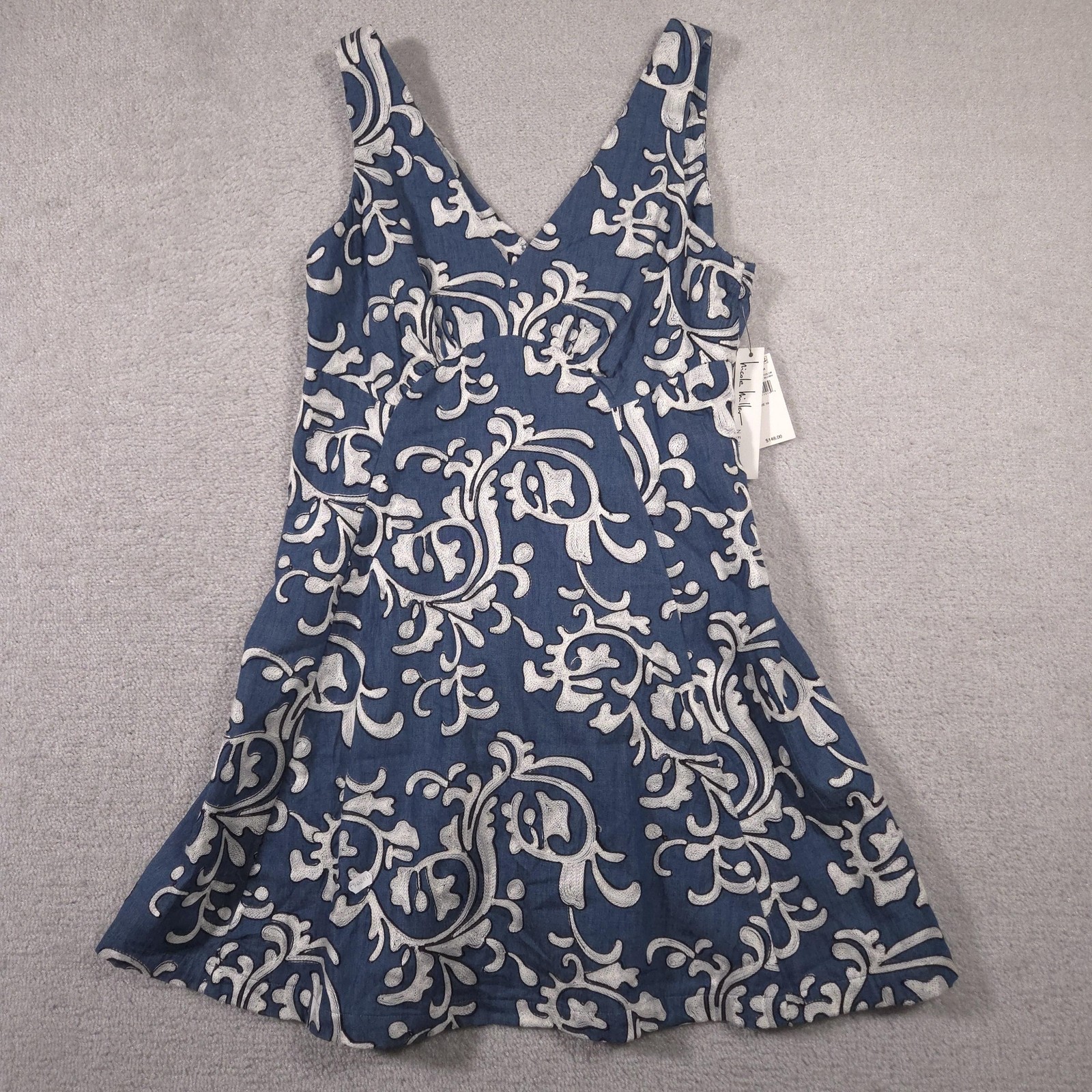 Nicole Miller Dress Womens 10 Blue White Embroidered Fit Flare Sleeveless V Neck