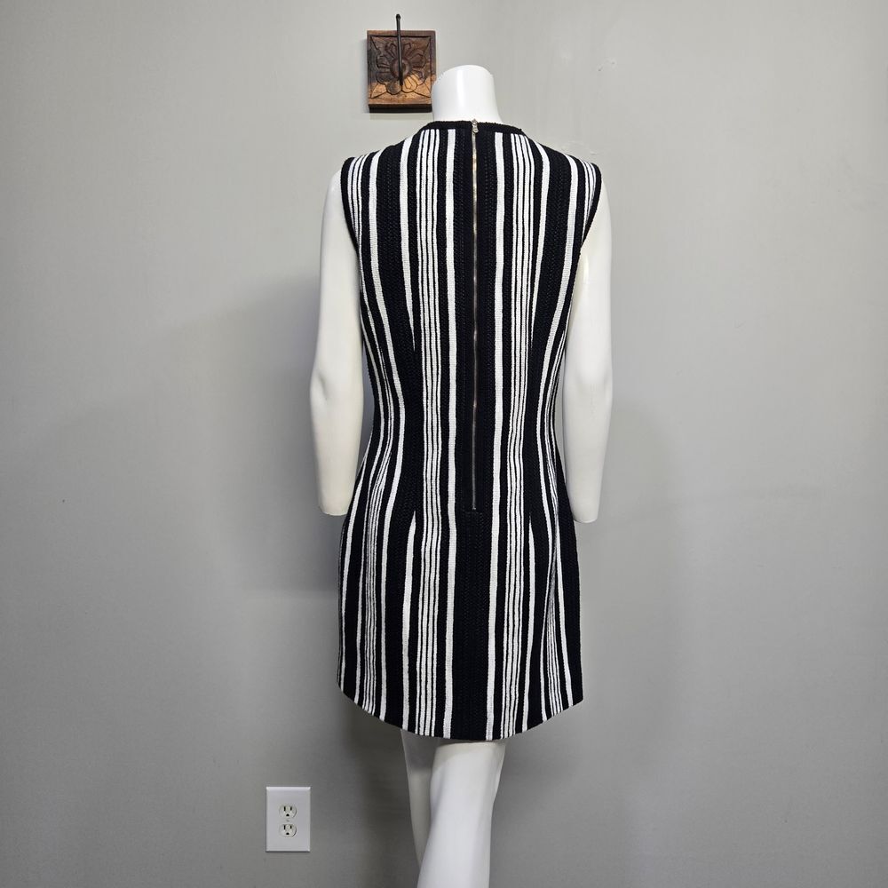 Carven Mini Dress EU 42 US 12 Black White Stripe Tweed Mod Go-go Retro 60 Luxury