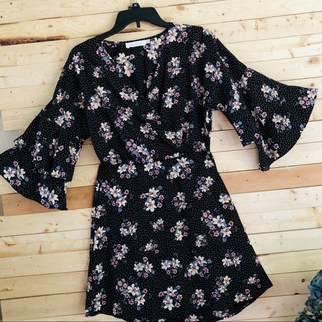 All in Favor Women’s Cottagecore Black floral Pattern long sleeve dress size S