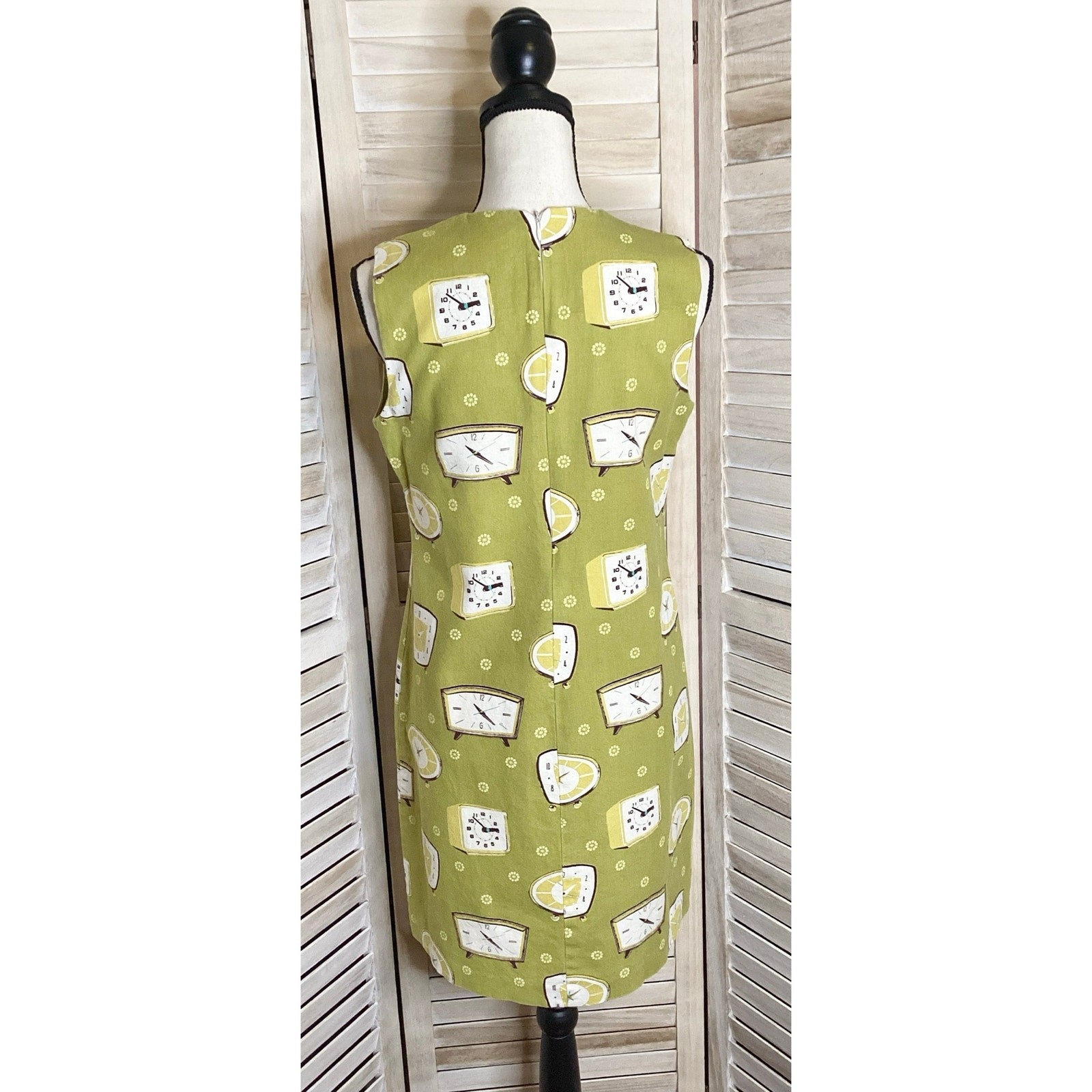 Vintage Retro Mod Atomic Clock Print Green Cotton Shift Mini Dress M Spain