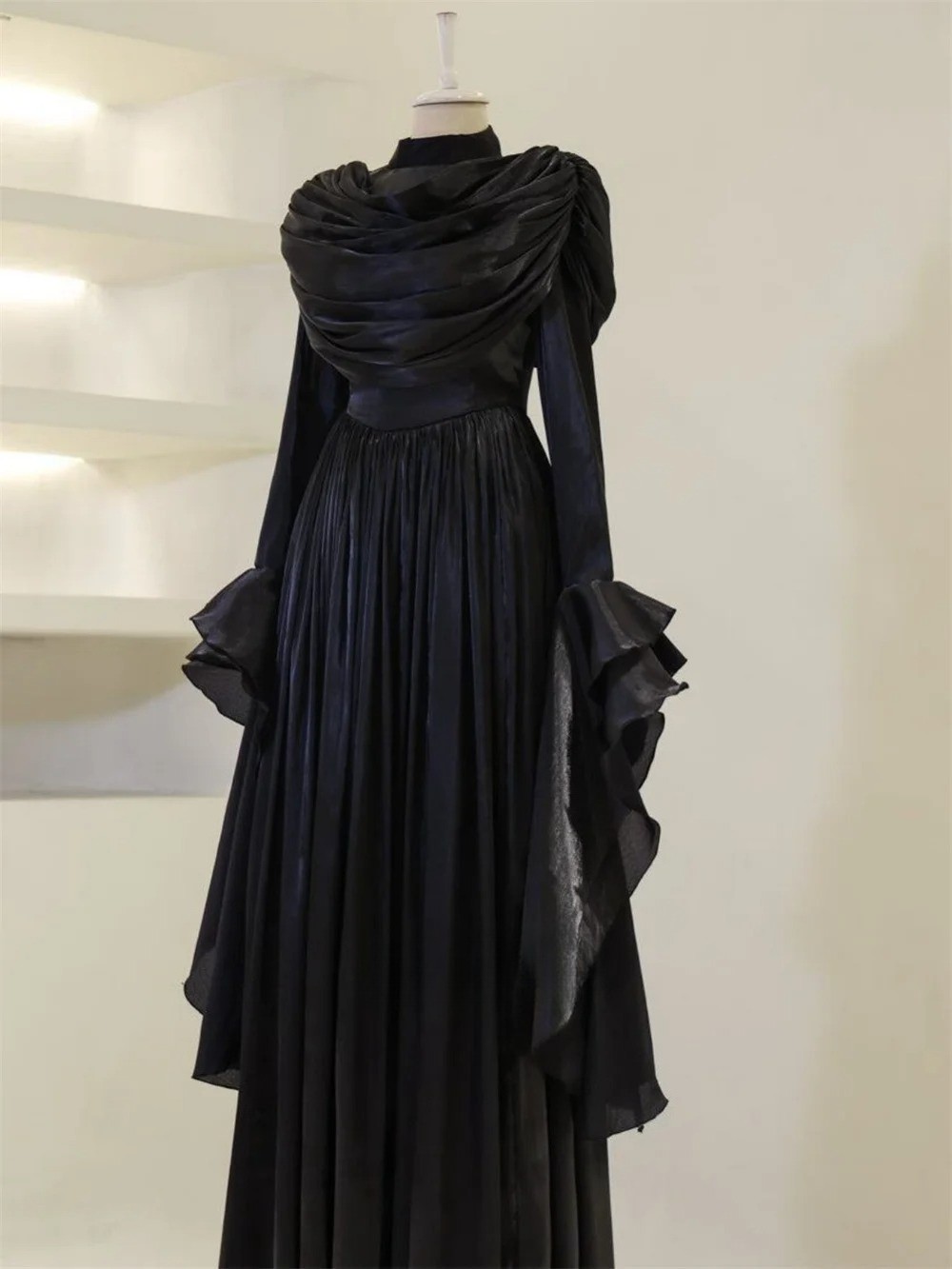Chiffon Ruched Pleat Straight High Collar Long Dresses Bespoke Occasion Dresses