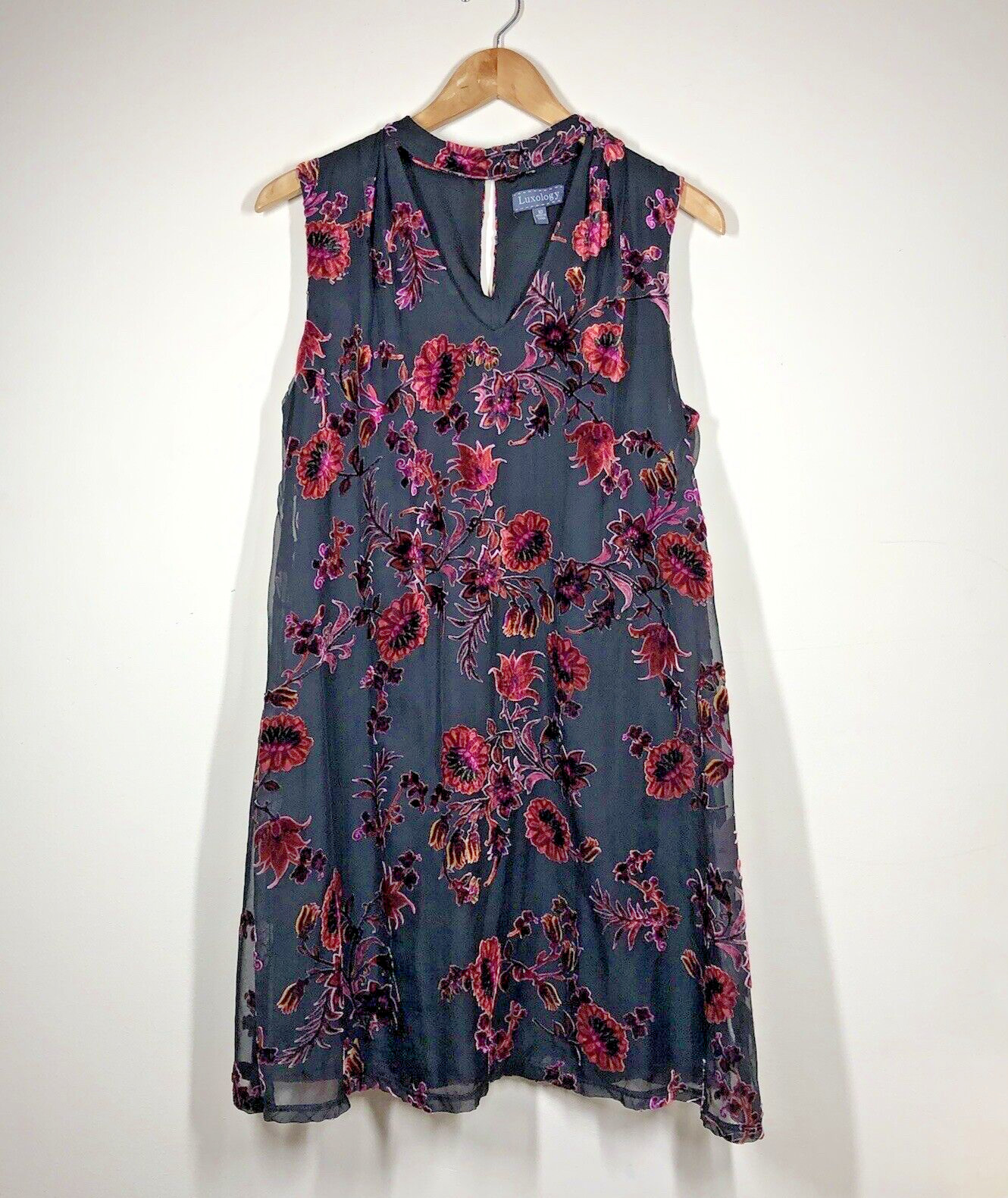 Luxology Womens Velvet Burnout Mesh Shift Dress Sz 10 Floral Fairy Whimsigoth