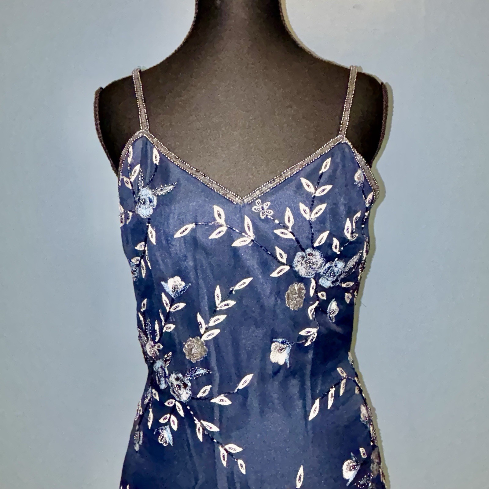 Rare Vintage SCALA Navy Size S Pure Silk Beaded Maxi Dress Gown Slit Elegant