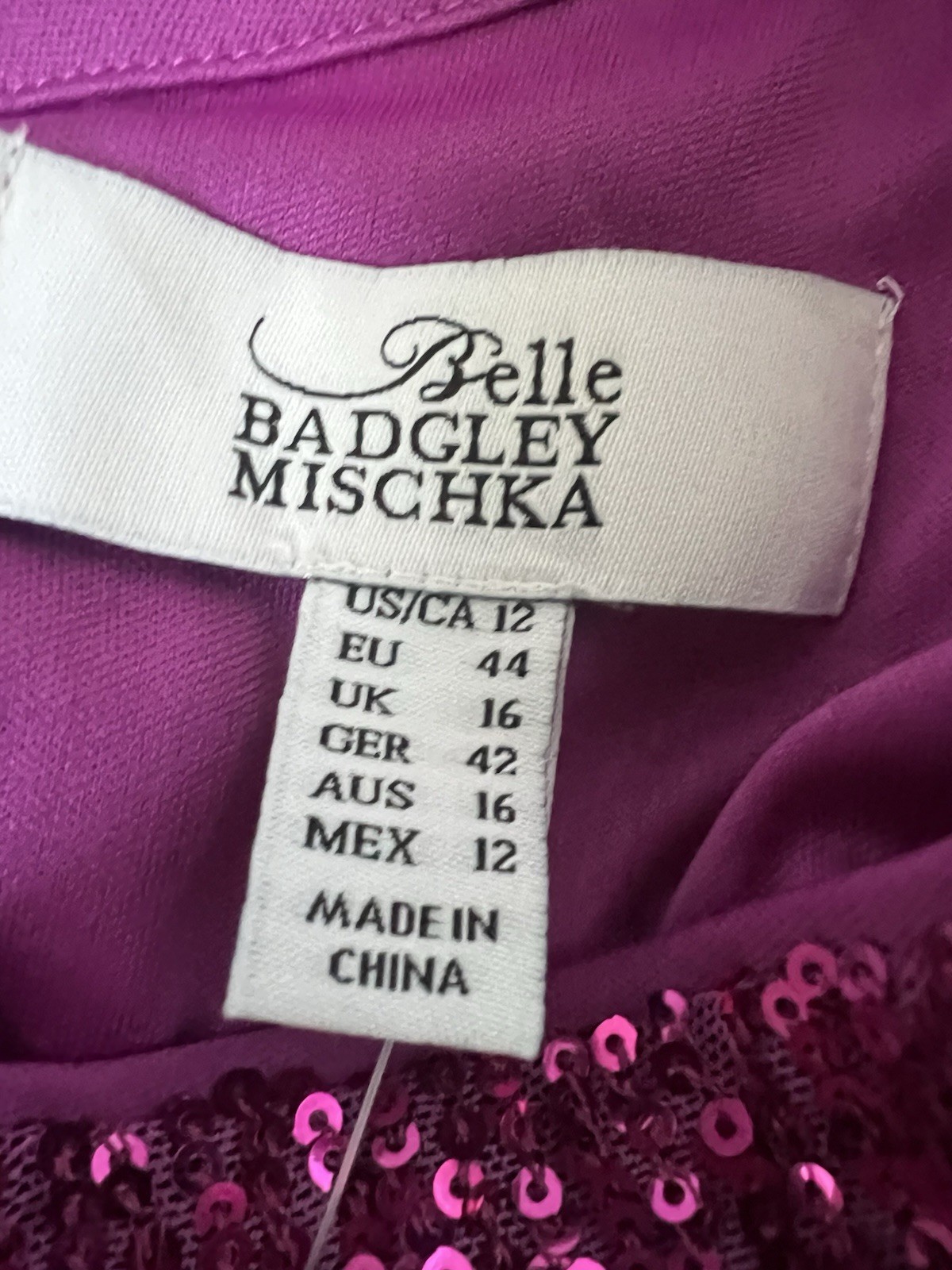 NWT Badgley Mischka Dress Size 12 Sequin Isla Cocktail Dress Pink Fuchsia Prom
