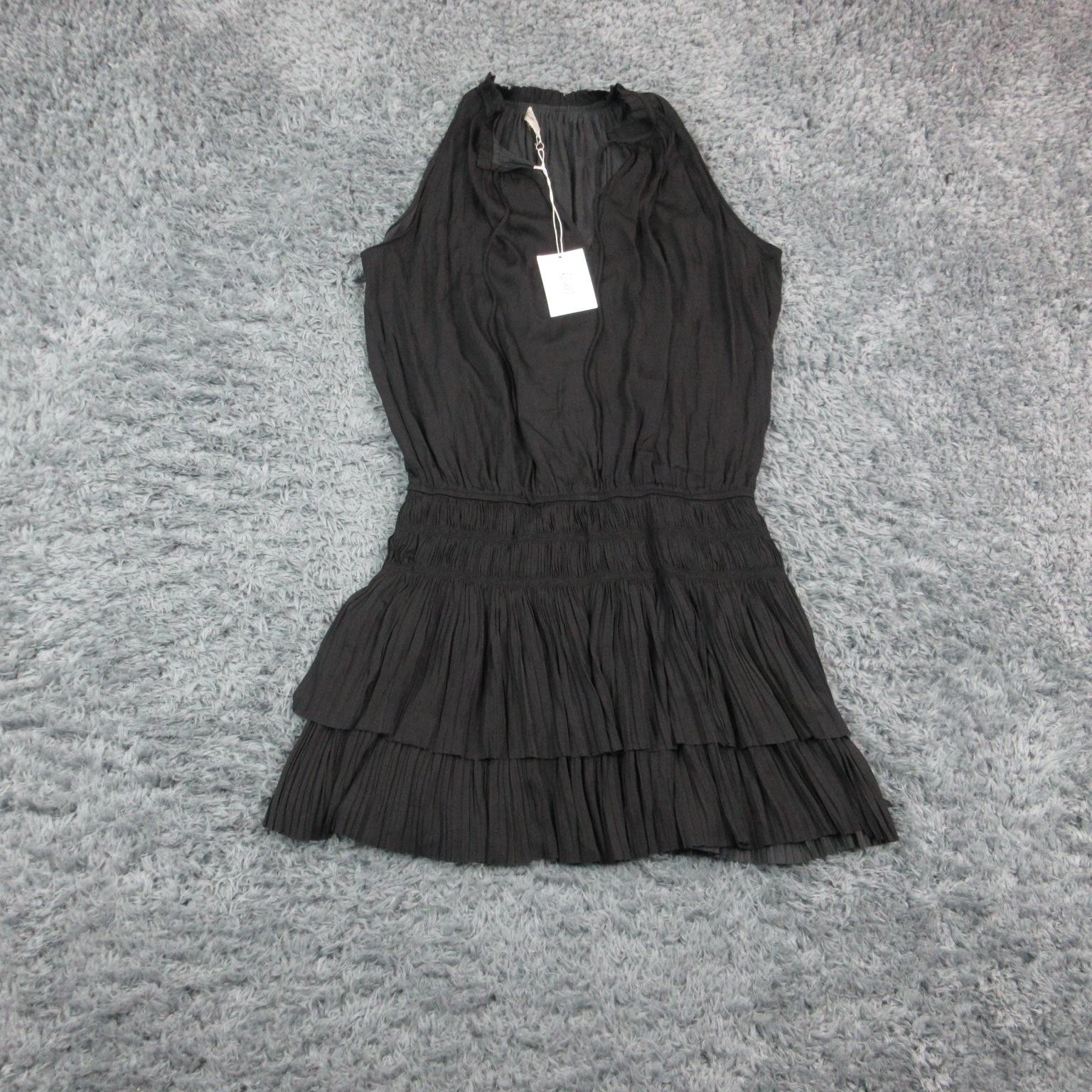 Rielle Dress Womens Large Black High Neck Tiered Ruffle Chiffon Fit & Flare NWT