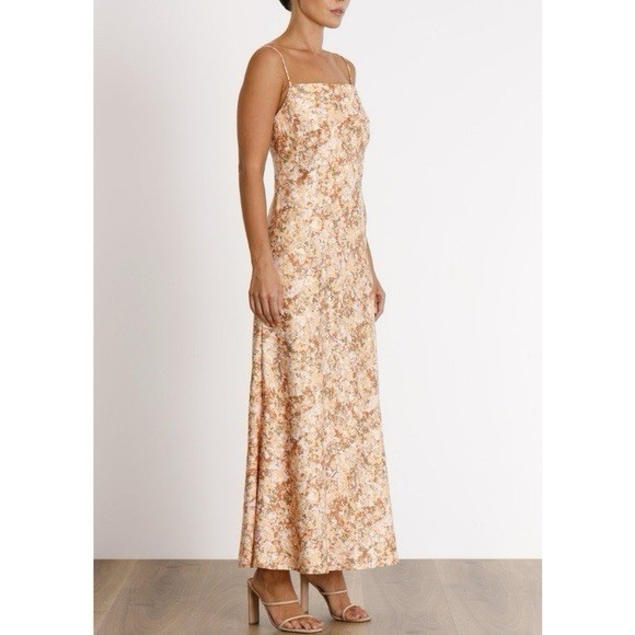 Pasduchas Floral Print Strappy Slip Maxi Dress Tan Brown White Size 12