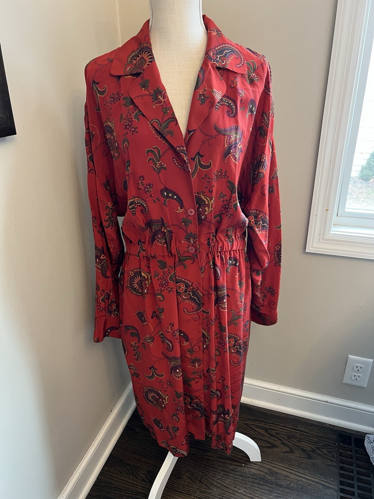 Vtg Linda Allard Ellen Tracy 100% Silk Paisley Dress Red Shirtdress Size 14
