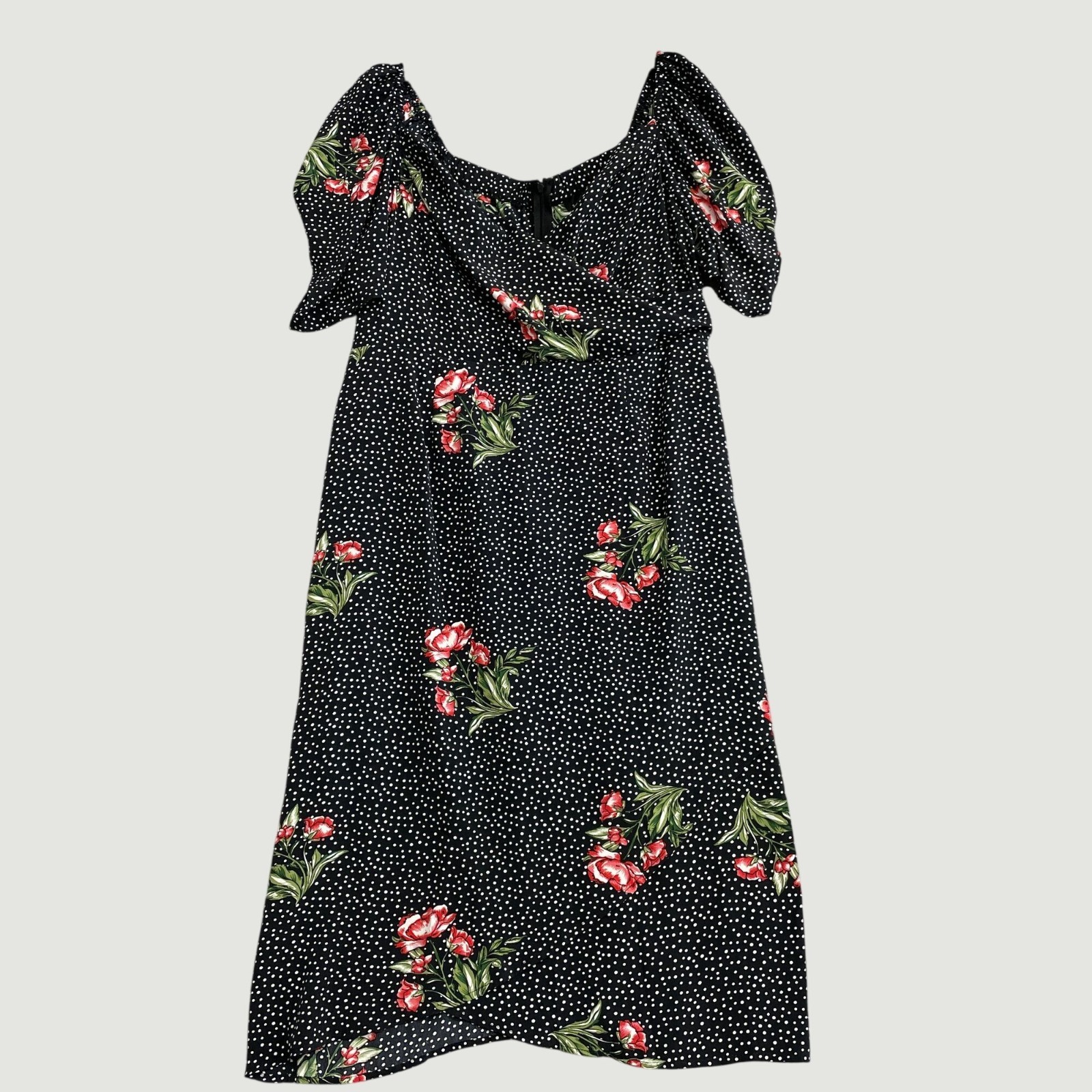 Suzanne Betro Women’s 1X Black Floral Polka Dot Chiffon Midi Dress P0042