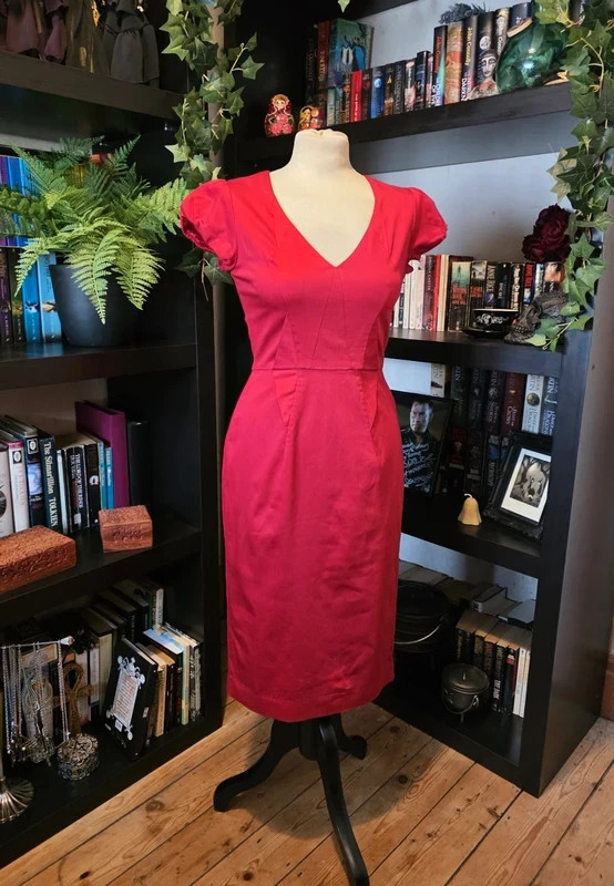 Oasis red V neck pencil wiggle vintage style midi dress 10