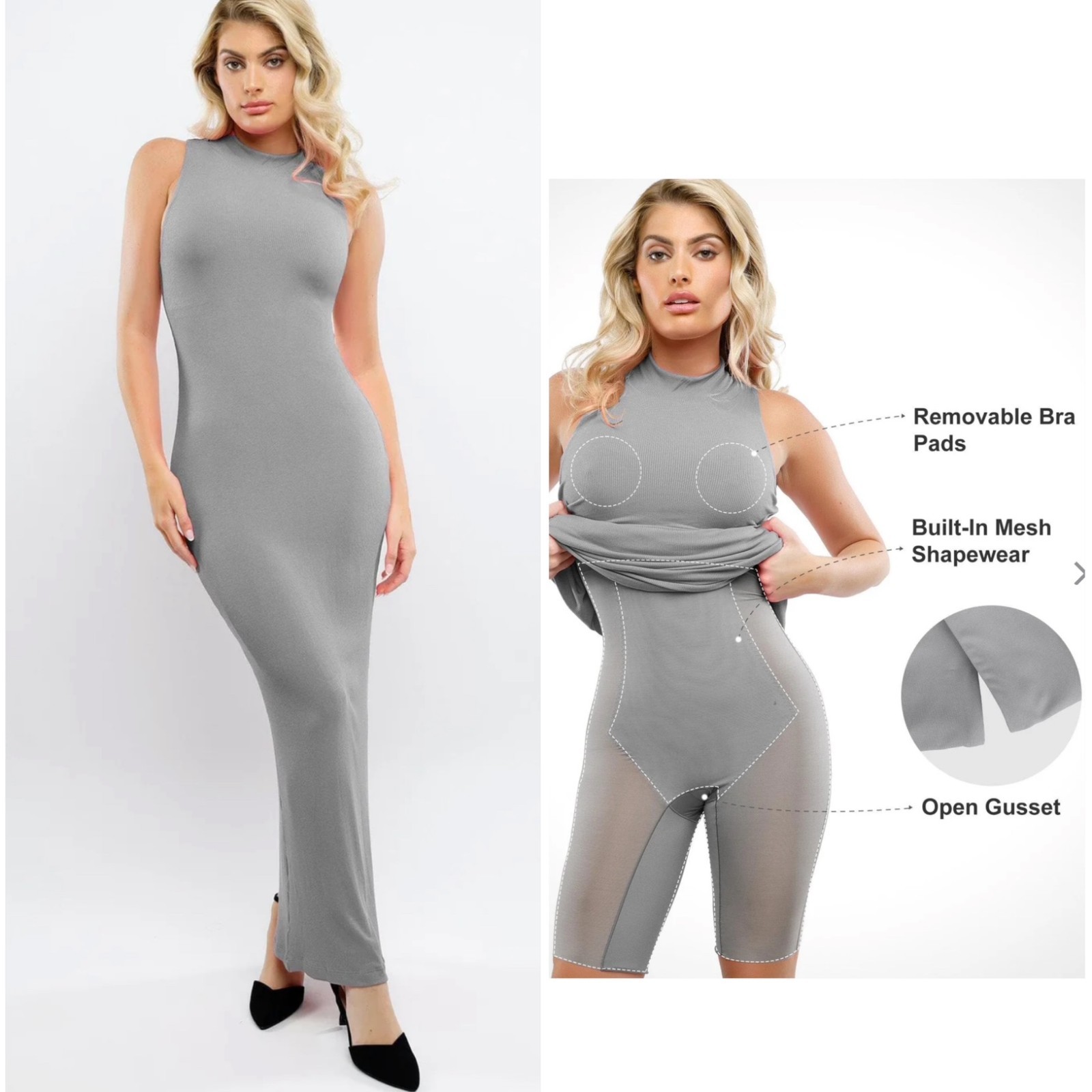 Popilush Gray Shapewear Modal Sleeveless Mock Neck Slimming Maxi Dress XL 14/16