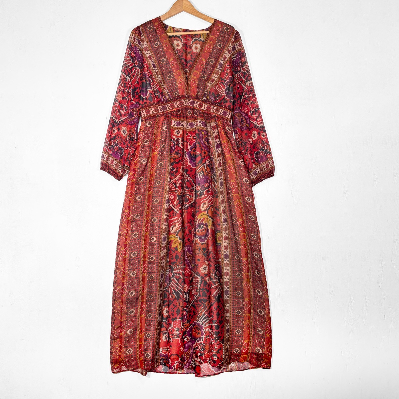 Ranna Gill Motif Maxi Dress Womens 10 Boho Red Paisley Floral Patchwork Chiffon