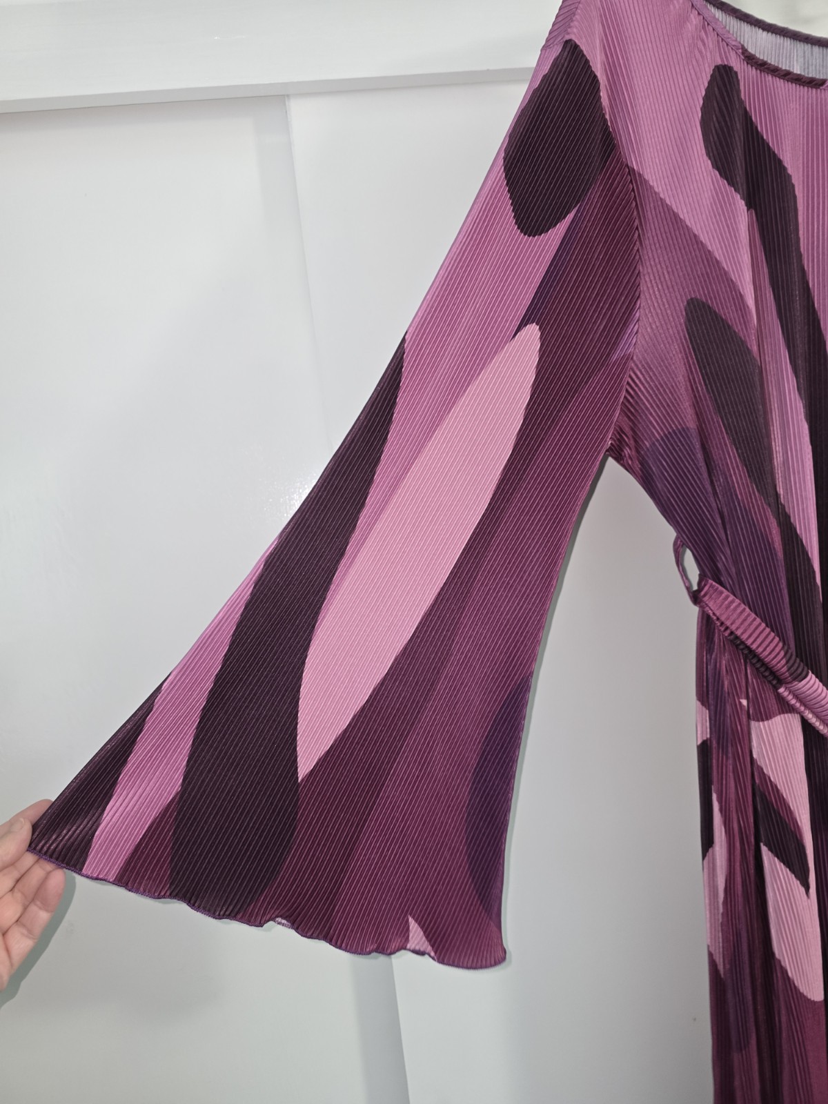 Women’s Mauve Abstract Pleated Midi Dress Bell Sleeve Belted 2XL