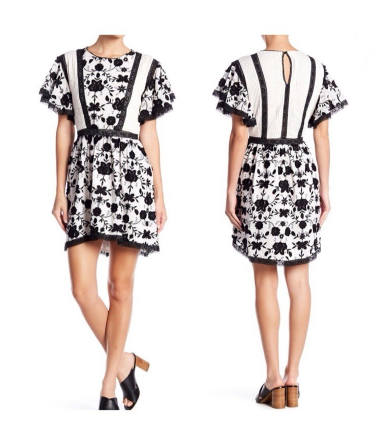 Joie White Black Women’s Floral Gaetena Crochet Flower 100% Cotton Dress size 4