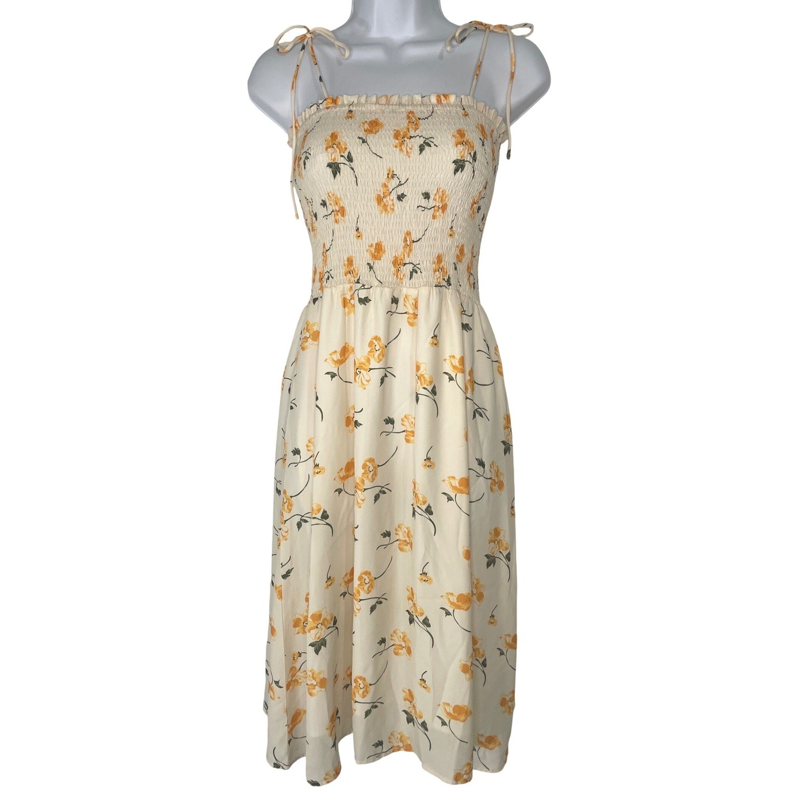 Rihoas Womens Smocked Floral Tie Shoulder Midi Sundress S Yellow Cottagecore