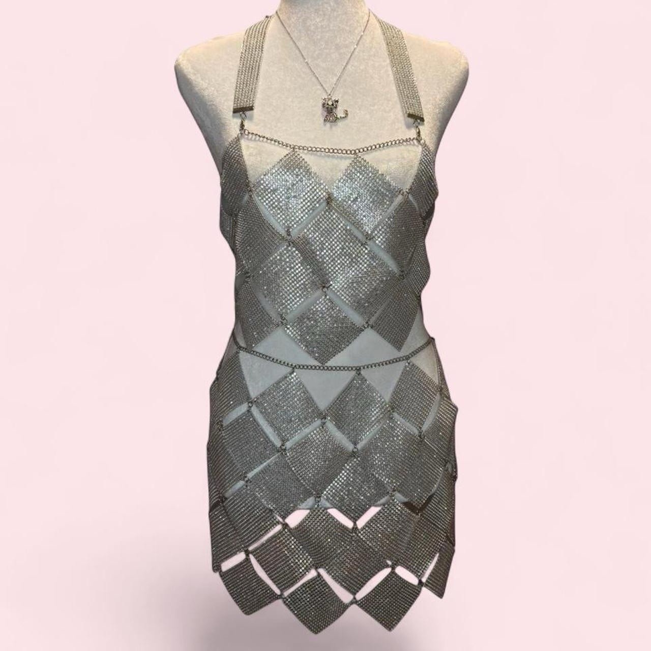Silver Rhinestone Geometric Chain Accent 2 Piece Set, One Size