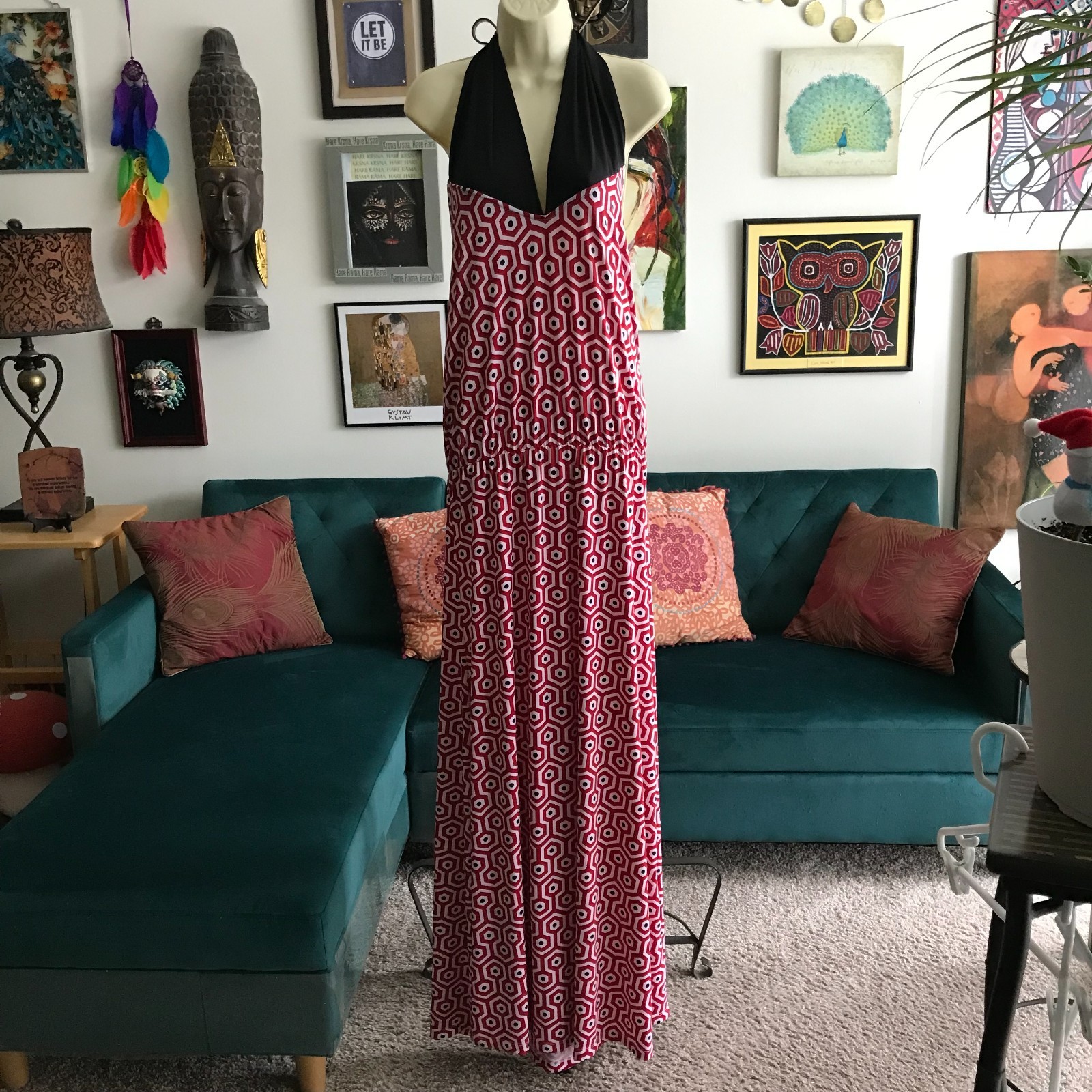 MUD PIE size L Red Geometric 3 Way Leighton Maxi Halter Summer Dress NWT