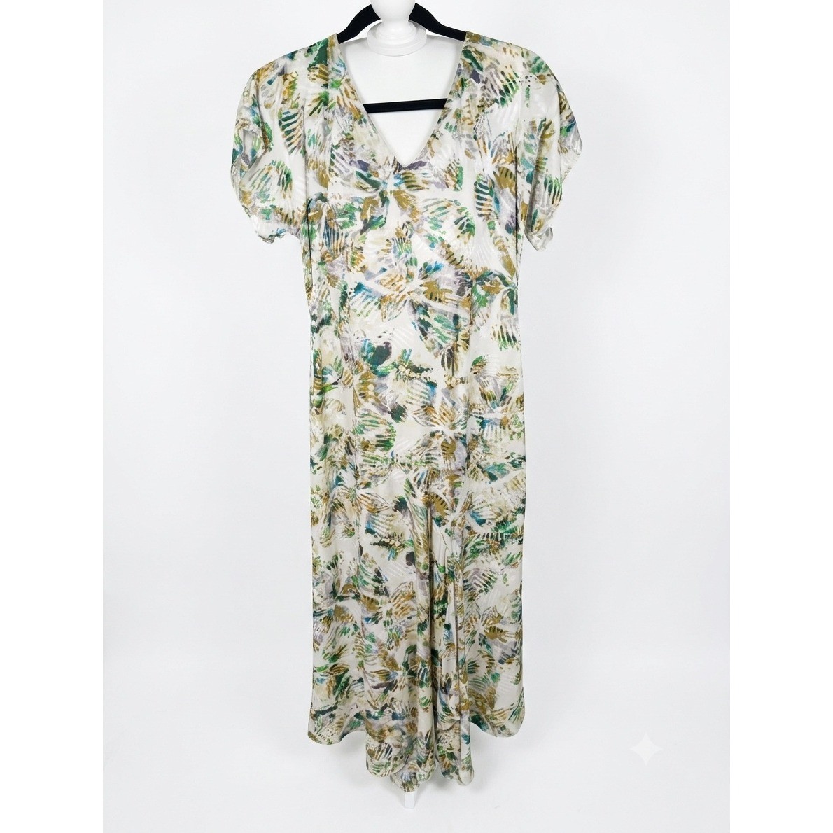 Luxely Beige Green Abstract Palm Print V-Neck Maxi Dress Size 4 Y10314M